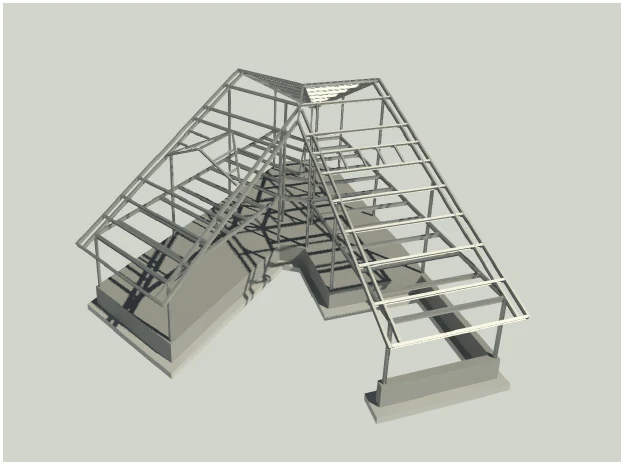 Vista de una estructura de acero con cubierta de geometría compuesta y pilares perimetrales