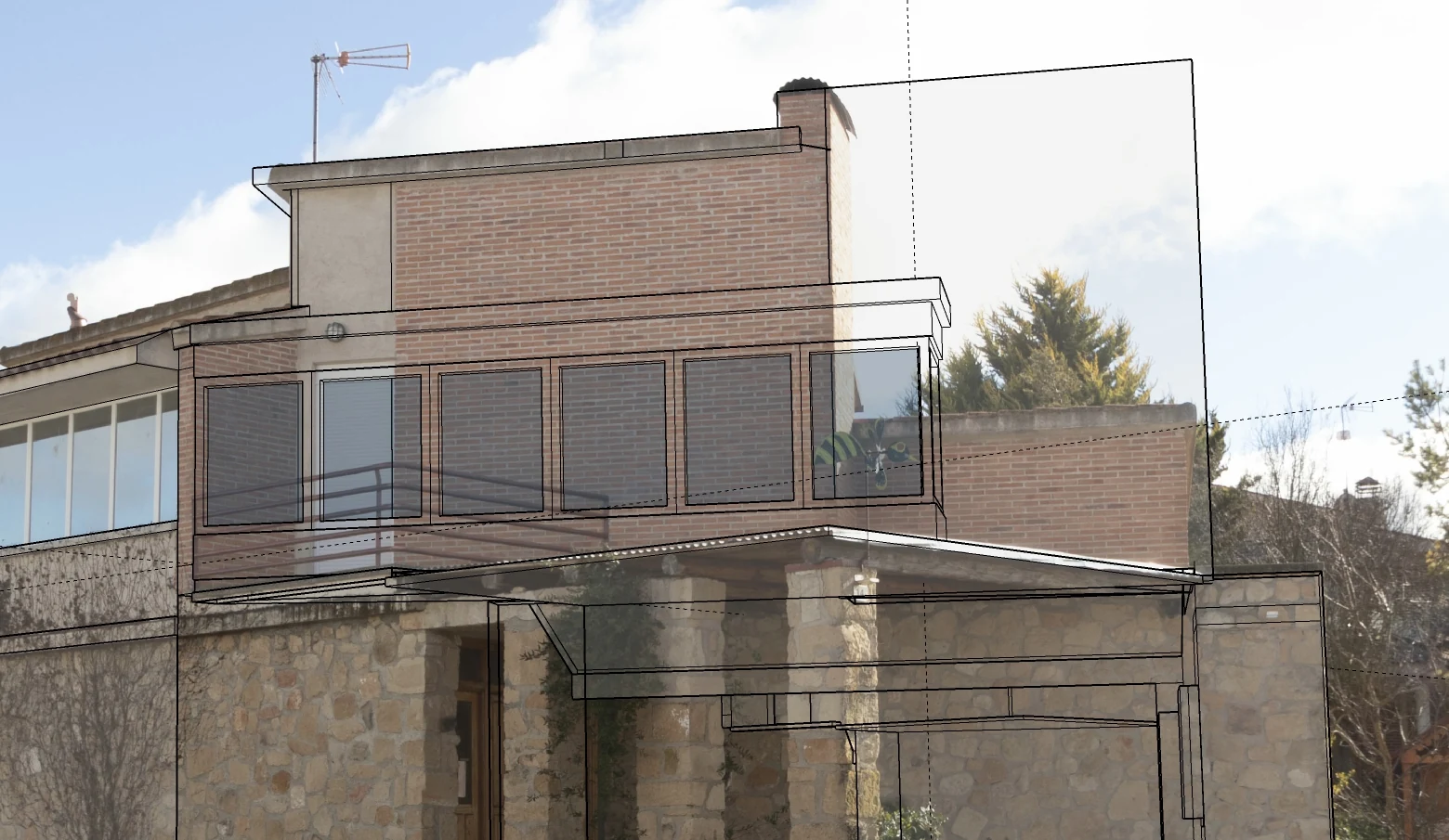 Estudio de líneas de propuesta superpuestas sobre una fotografía de la fachada existente