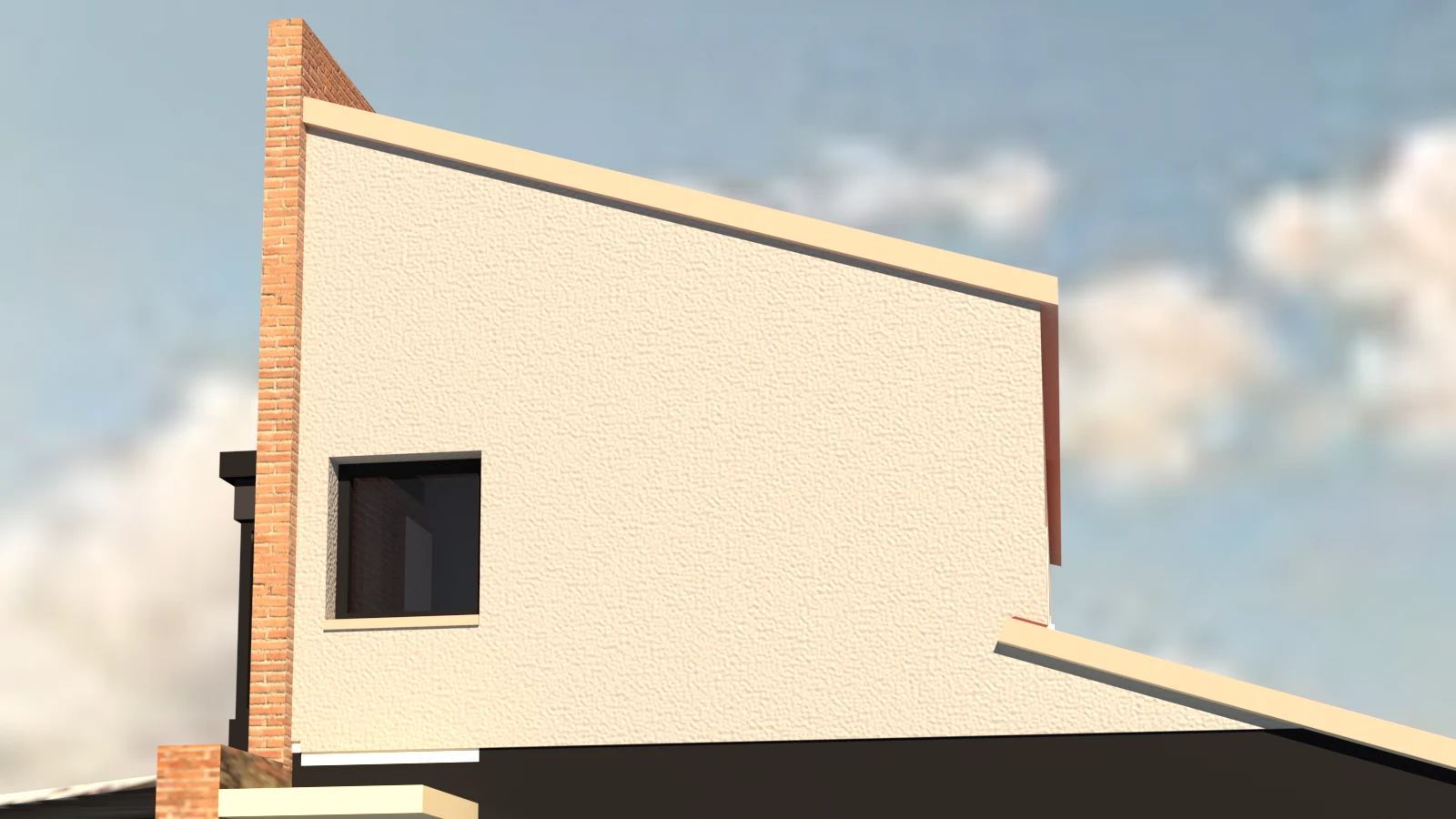 Render del lateral de la propuesta con paño claro, remate inclinado y ventana cuadrada
