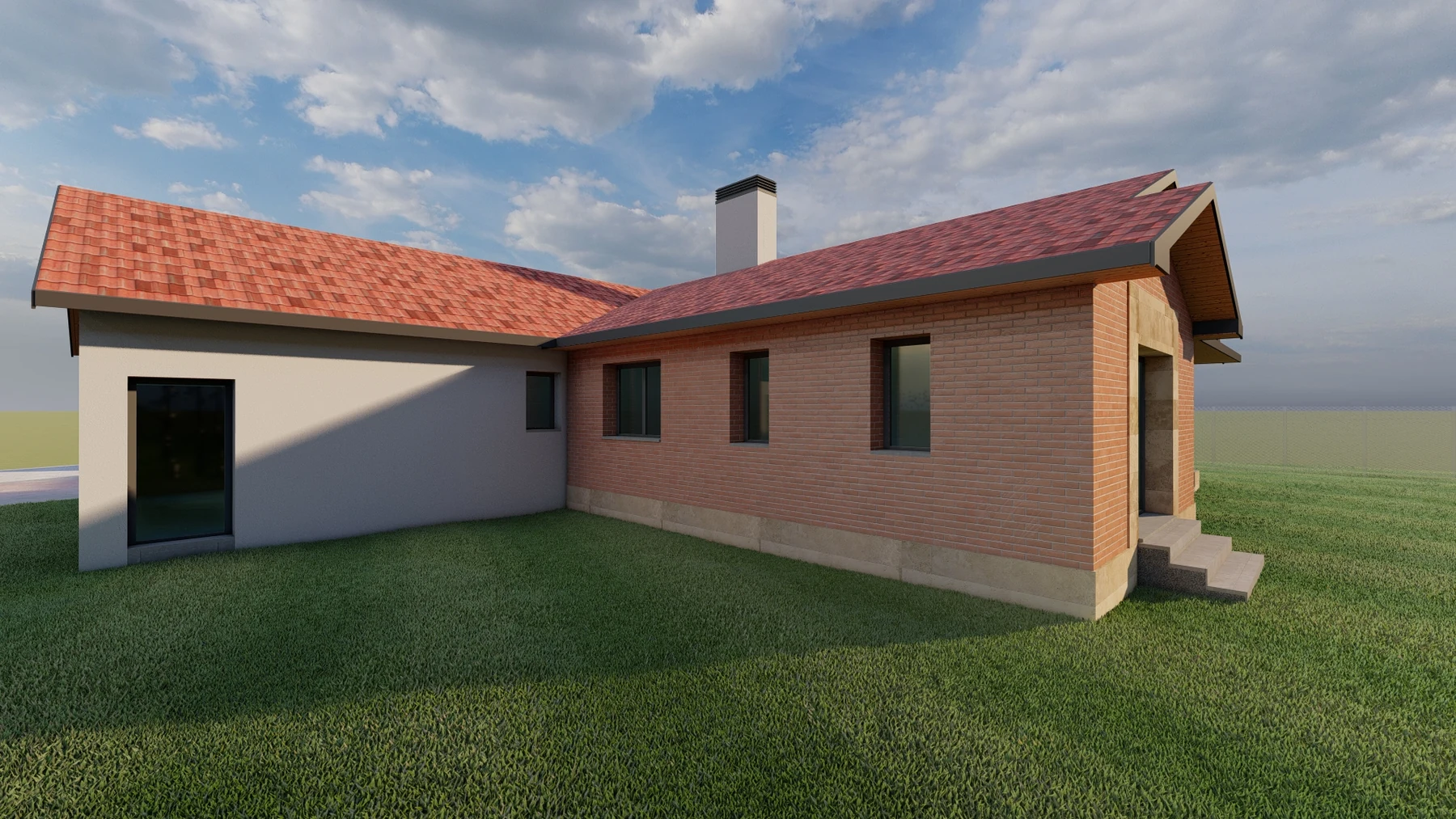 Render de la vivienda con fachadas de ladrillo y revoco, cubierta inclinada y jardín