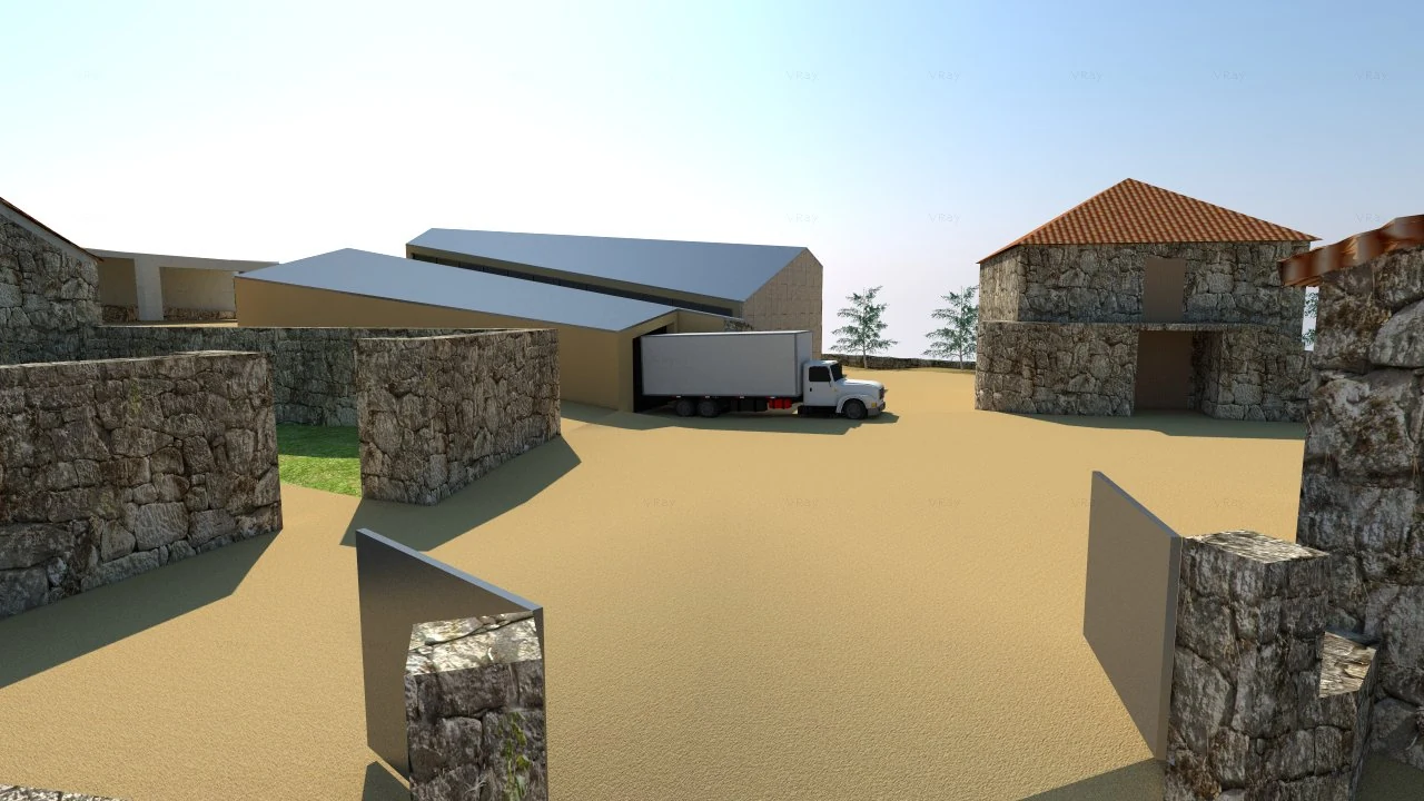Recorrido exterior entre muros de piedra, construcciones existentes representadas y la nueva bodega