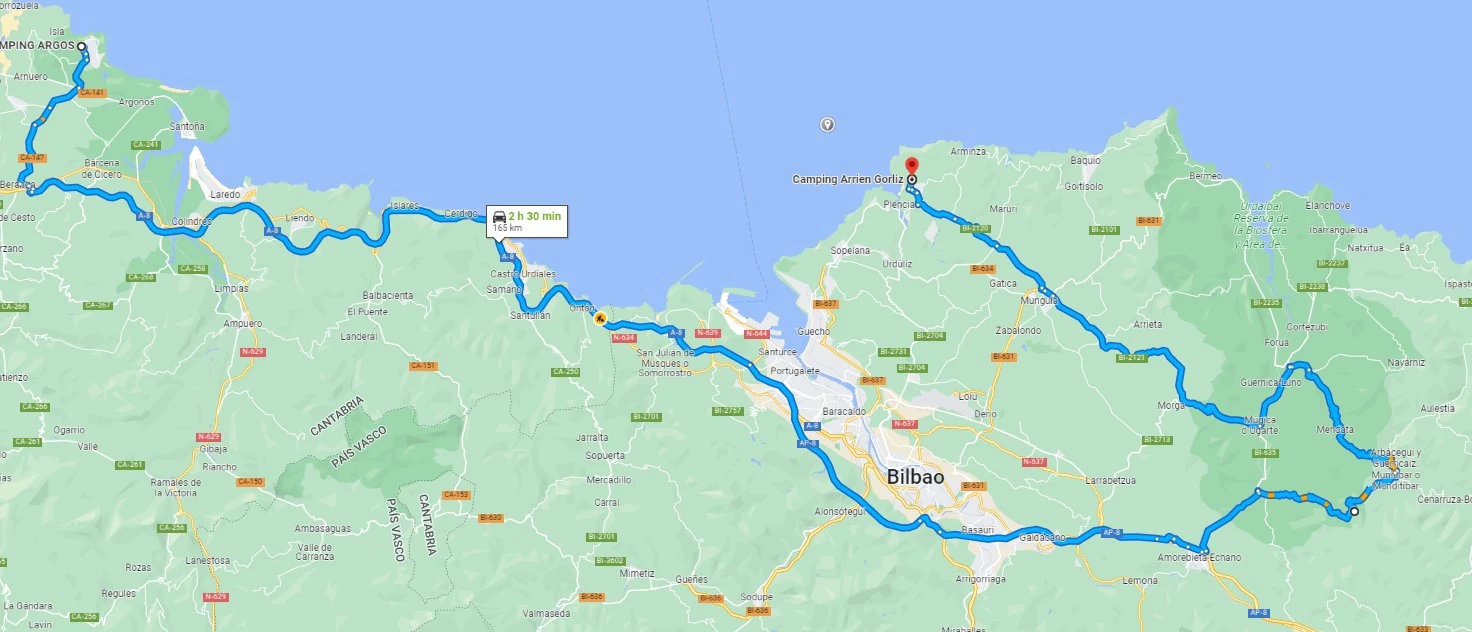 Mapa de planificación entre Cantabria y el entorno de Bilbao, con el itinerario en azul.