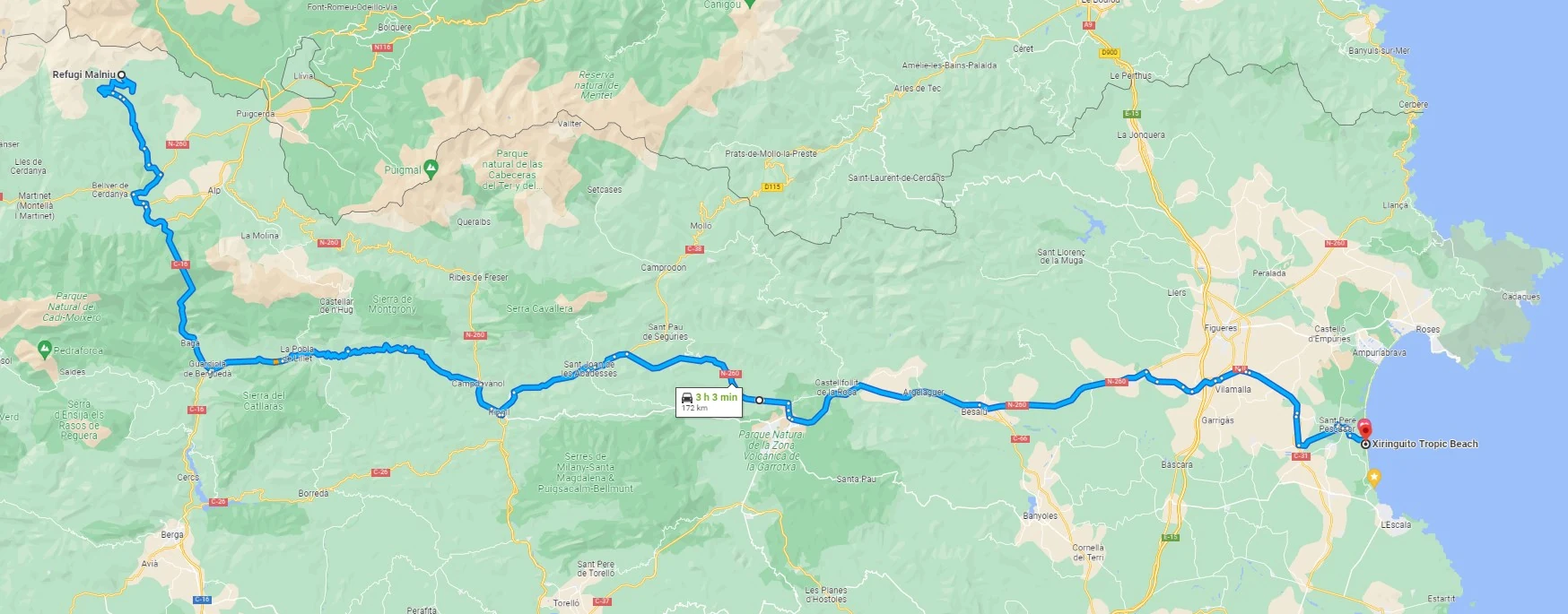 Mapa con un itinerario planificado desde la Cerdanya hasta la costa mediterránea.