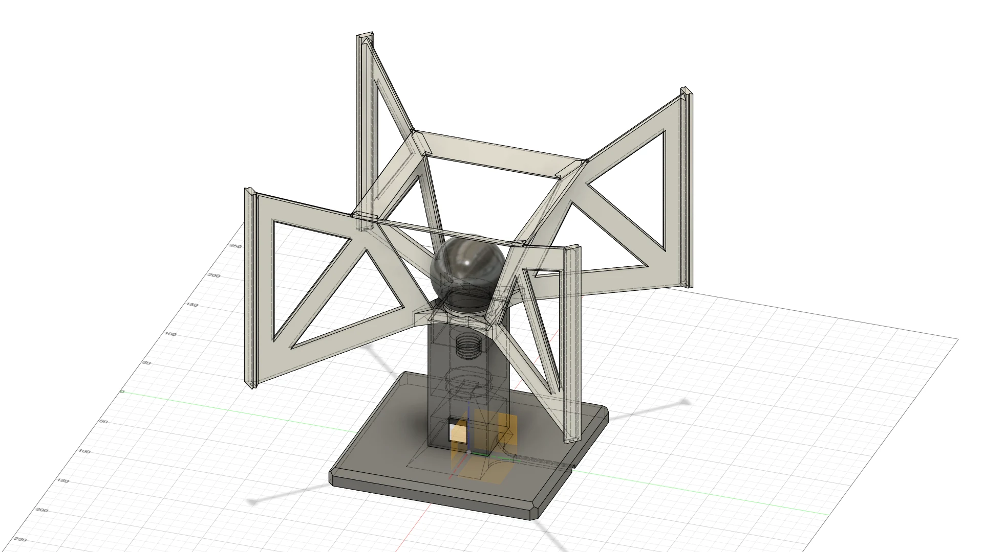 Modelo digital de una lámpara con base cuadrada, soporte central y cuatro marcos de dibujo triangular.