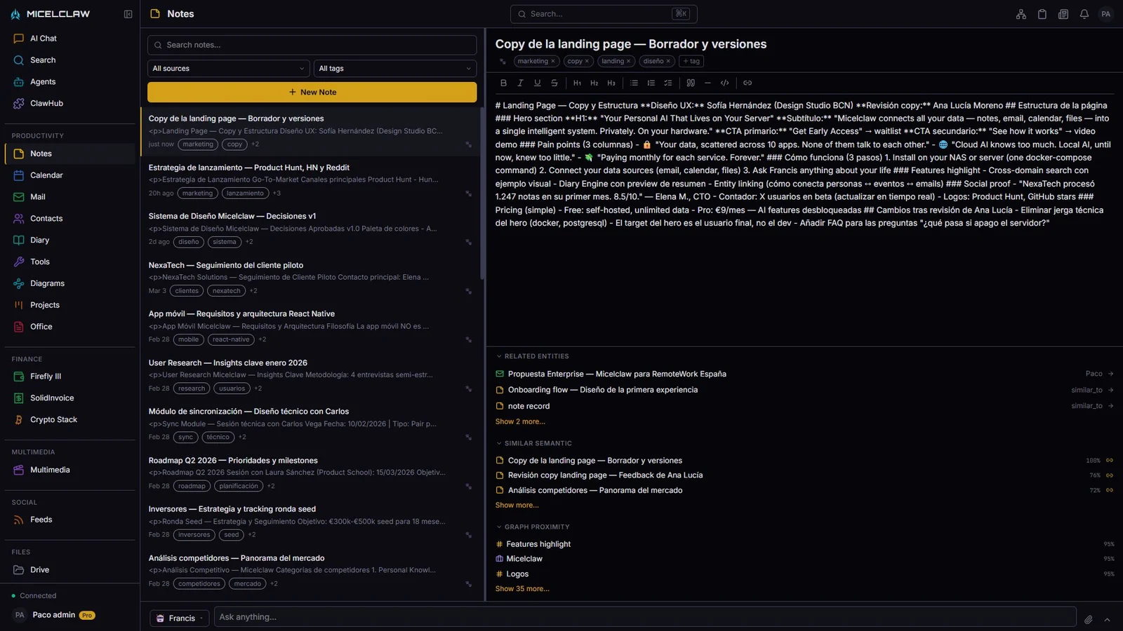 Interfaz de notas de MicelClaw con navegación por módulos, editor y relaciones entre registros.