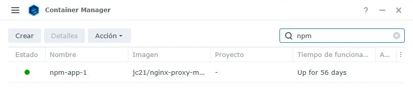 Detalle de Nginx Proxy Manager filtrado en Container Manager, con su imagen de contenedor.