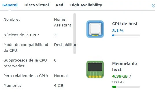 Detalle de la vista General de Virtual Machine Manager con recursos asignados a Home Assistant.